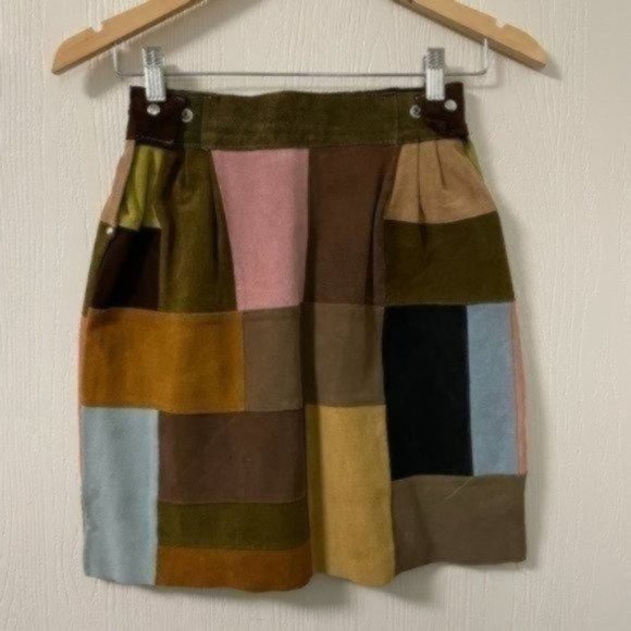 PRICE FIRM Vintage 70s Suede Patchwork Adjustable Miniskirt Mini | Size XXS-S - Picture 3 of 13